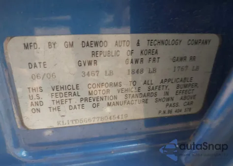 2007 Chevrolet Aveo Ls из США, поврежденный, VIN KL1TD56677B045419